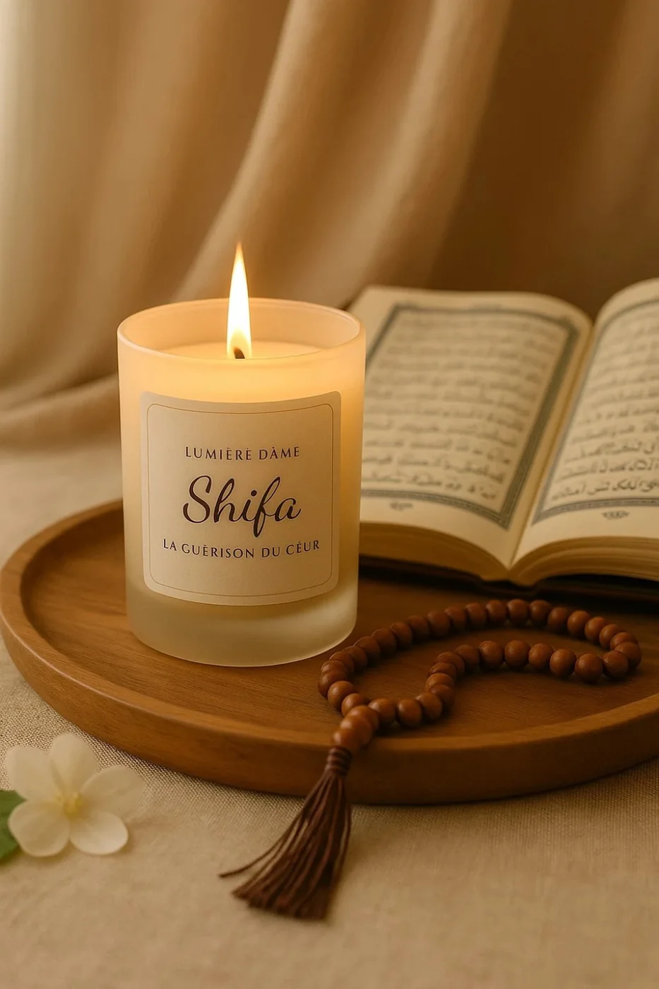 Bougie Shifa près d’un livre et d’un chapelet