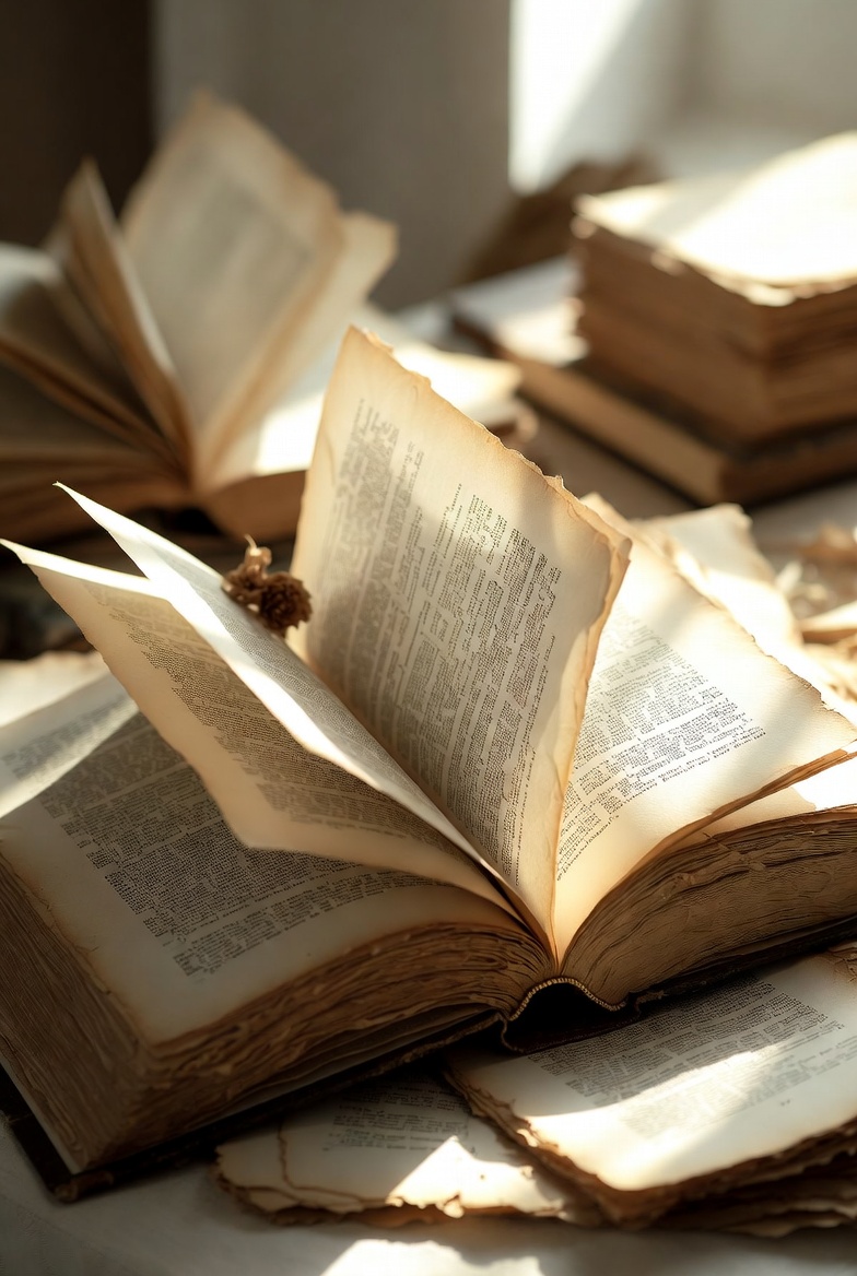Livres anciens ouverts dans la lumière